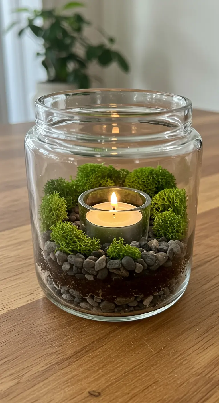 Un portavelas de frasco de vidrio que contiene un pequeño terrario con musgo y piedras alrededor de una vela.