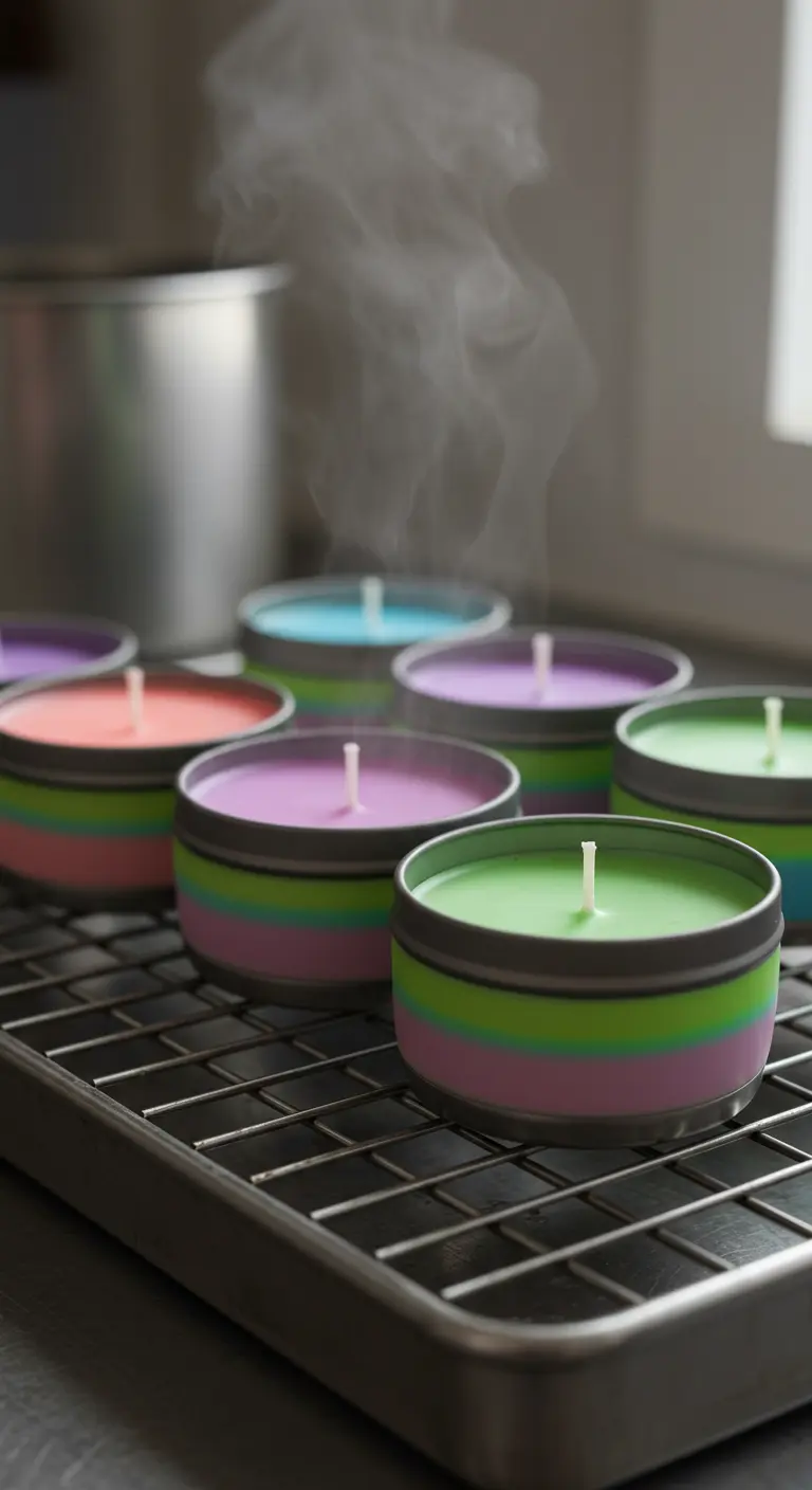 Varias velas pequeñas en latas con capas de colores pastel sobre una rejilla de enfriamiento.