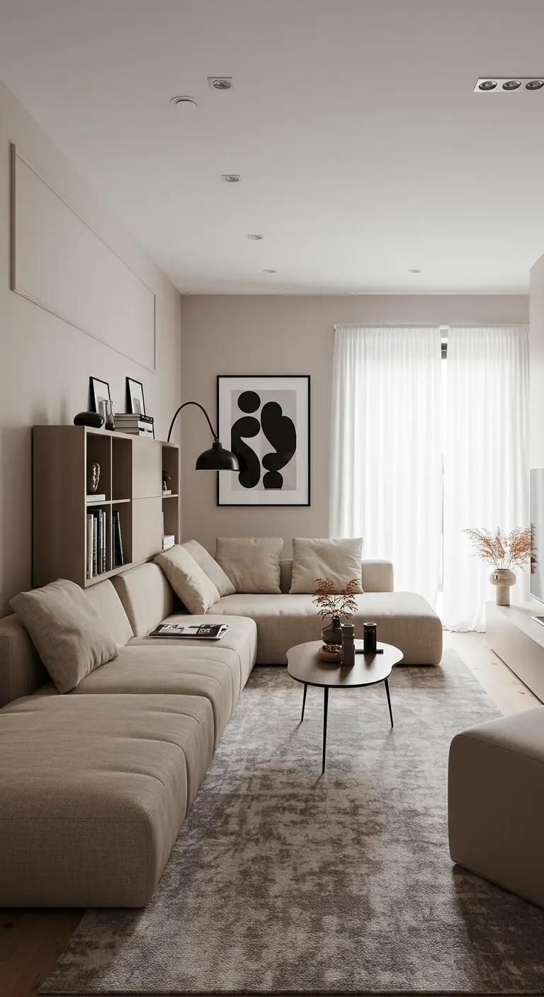 Sofá modular beige en una sala de estar minimalista y luminosa con arte abstracto en la pared.