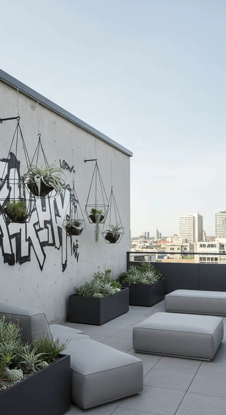 Terraza moderna y minimalista con un grafiti en blanco y negro, muebles grises y maceteros colgantes geométricos.