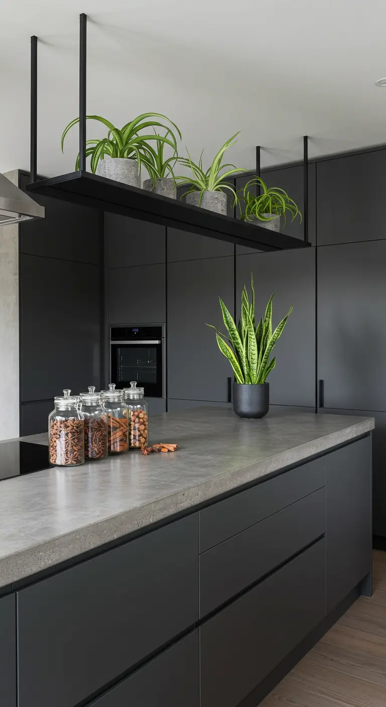 Cocina minimalista oscura con una estantería negra suspendida del techo con plantas.