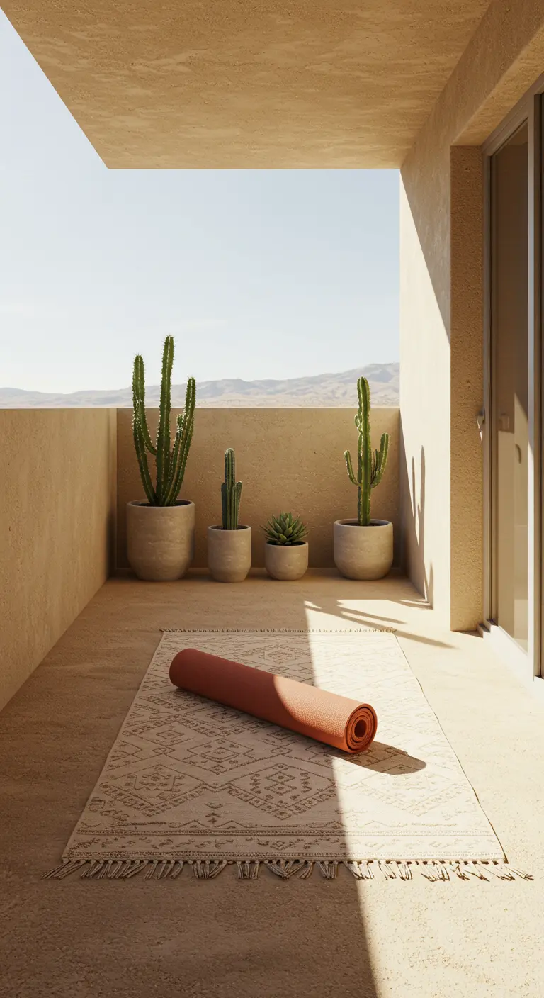Balcón minimalista de hormigón con cactus y una alfombra de estilo bohemio.