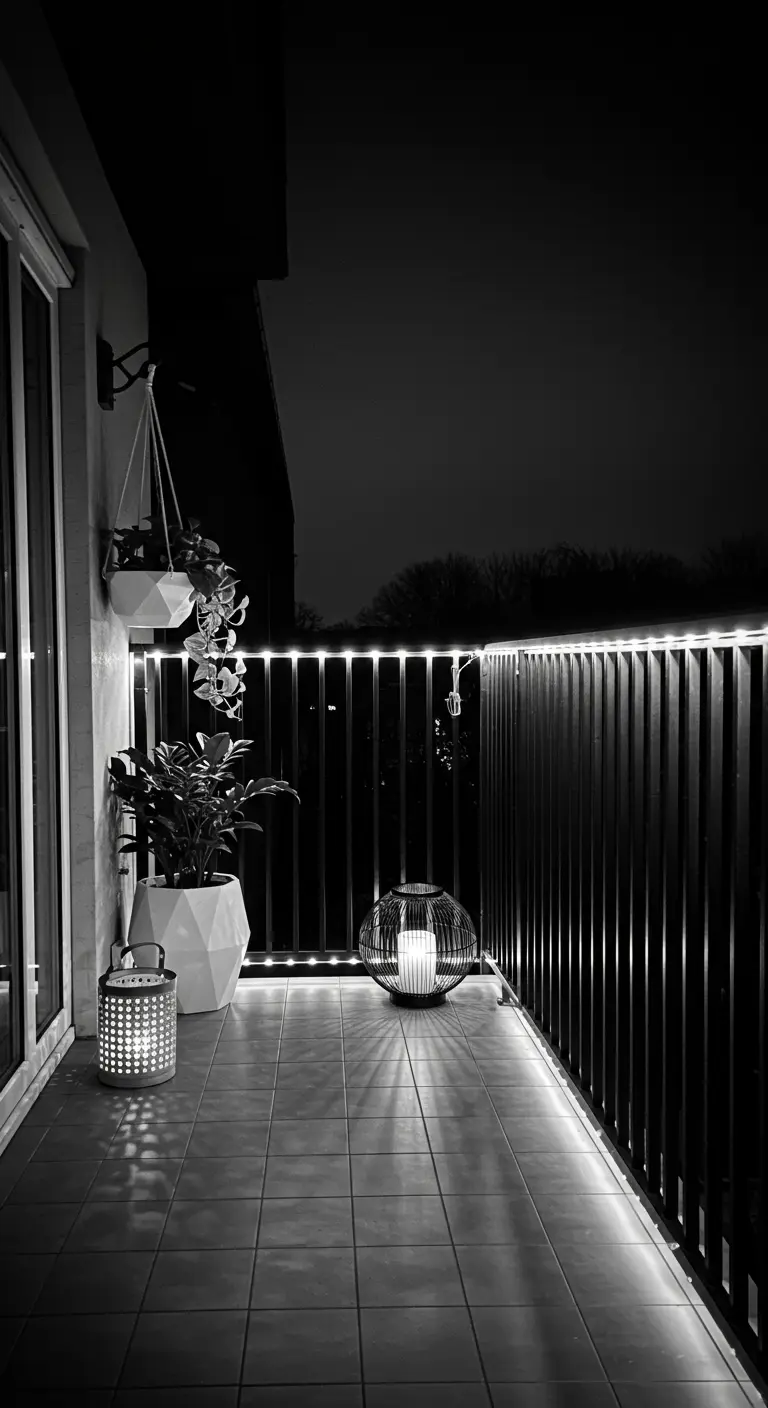 Balcón moderno en blanco y negro con luces LED en la barandilla y macetas geométricas.