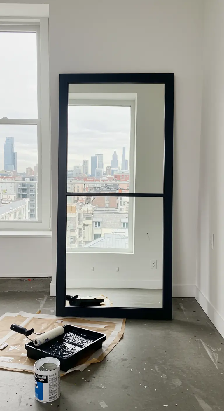 Espejo de ventana con marco negro y diseño minimalista apoyado en una pared blanca