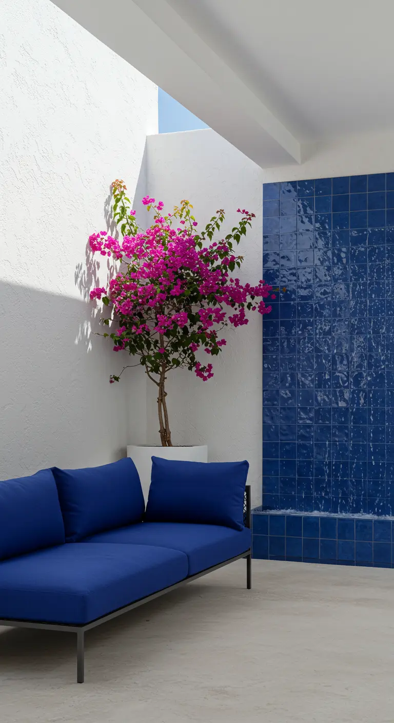 Patio minimalista con paredes blancas, un sofá azul intenso y una cascada sobre azulejo azul.