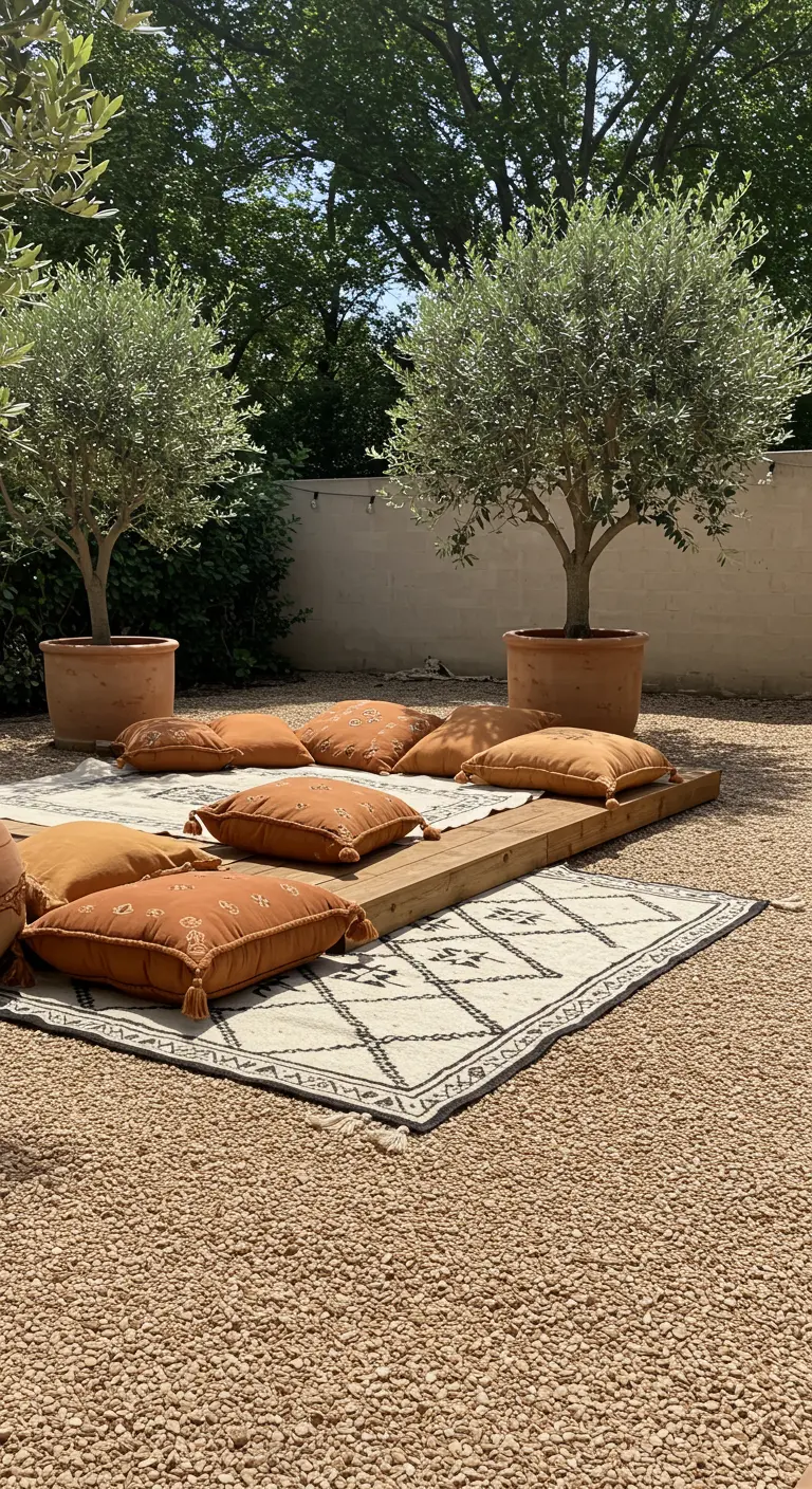 Espacio minimalista bohemio con tarima de madera, cojines terracota y alfombra geométrica.