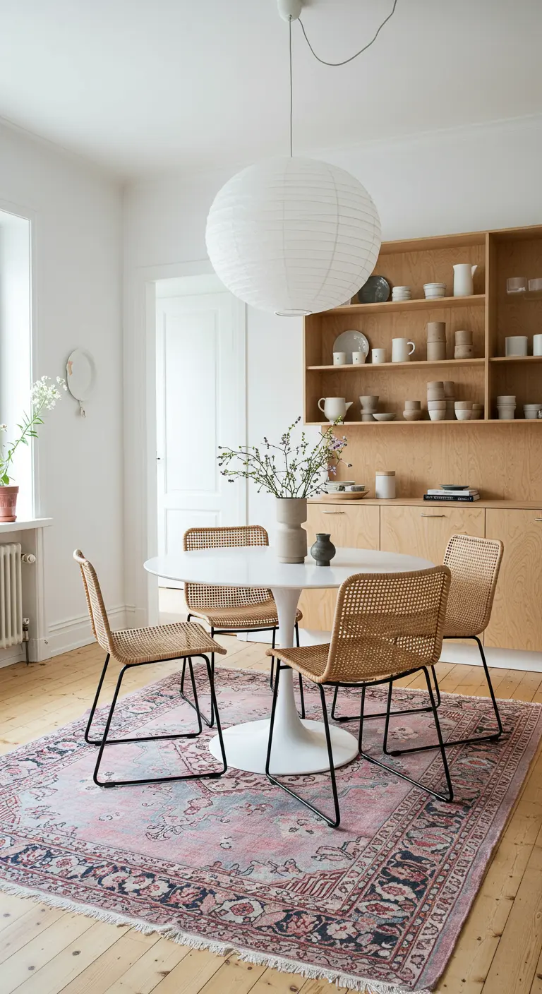 Comedor minimalista con mesa redonda blanca, sillas de ratán y lámpara de papel esférica