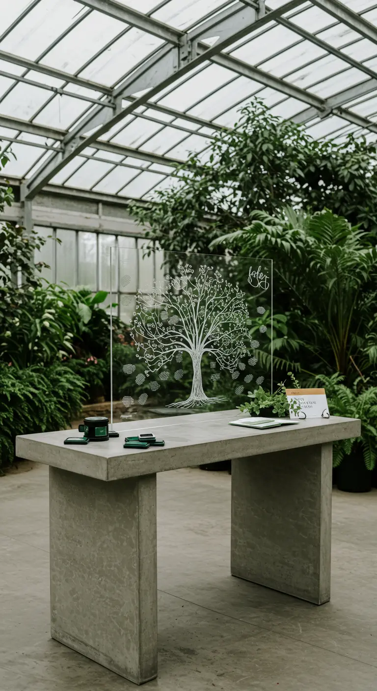 Árbol de huellas grabado en una lámina de acrílico transparente en un invernadero.
