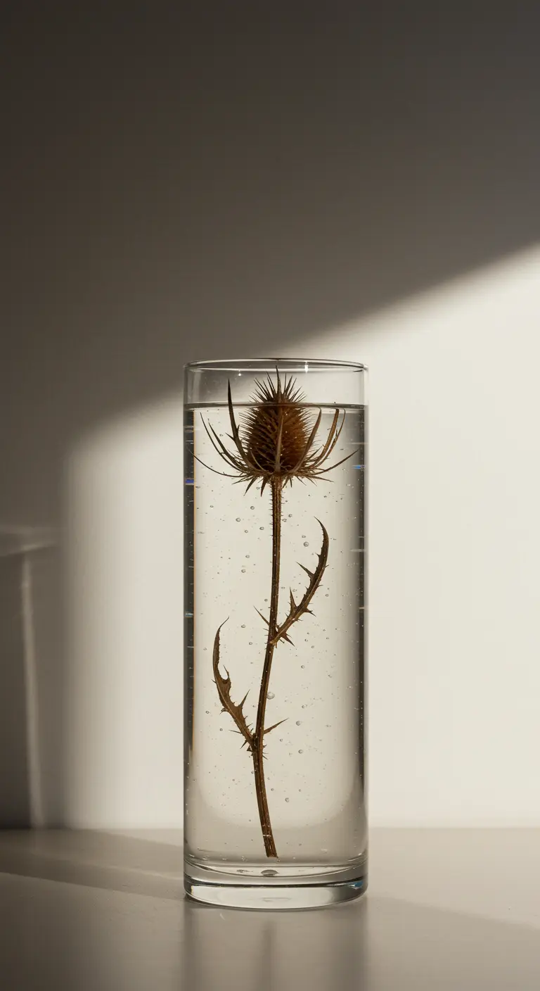 Un cardo seco suspendido verticalmente dentro de una vela de gel en un vaso alto y transparente.