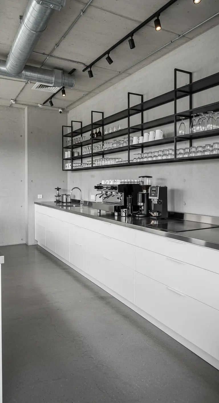 Cocina minimalista con paredes de hormigón, estanterías metálicas negras y encimera de acero.