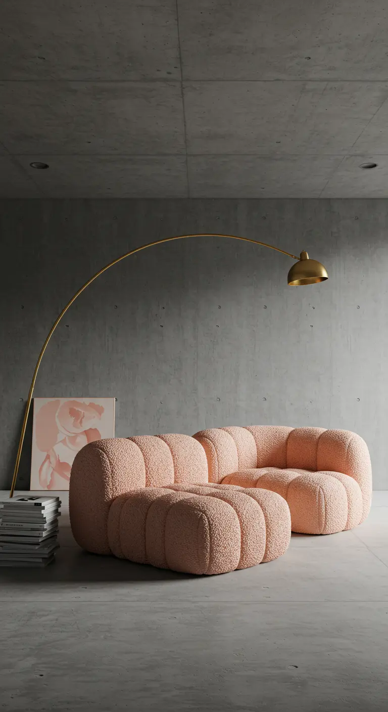 Sofá modular curvo de color coral en un espacio minimalista con paredes de hormigón.