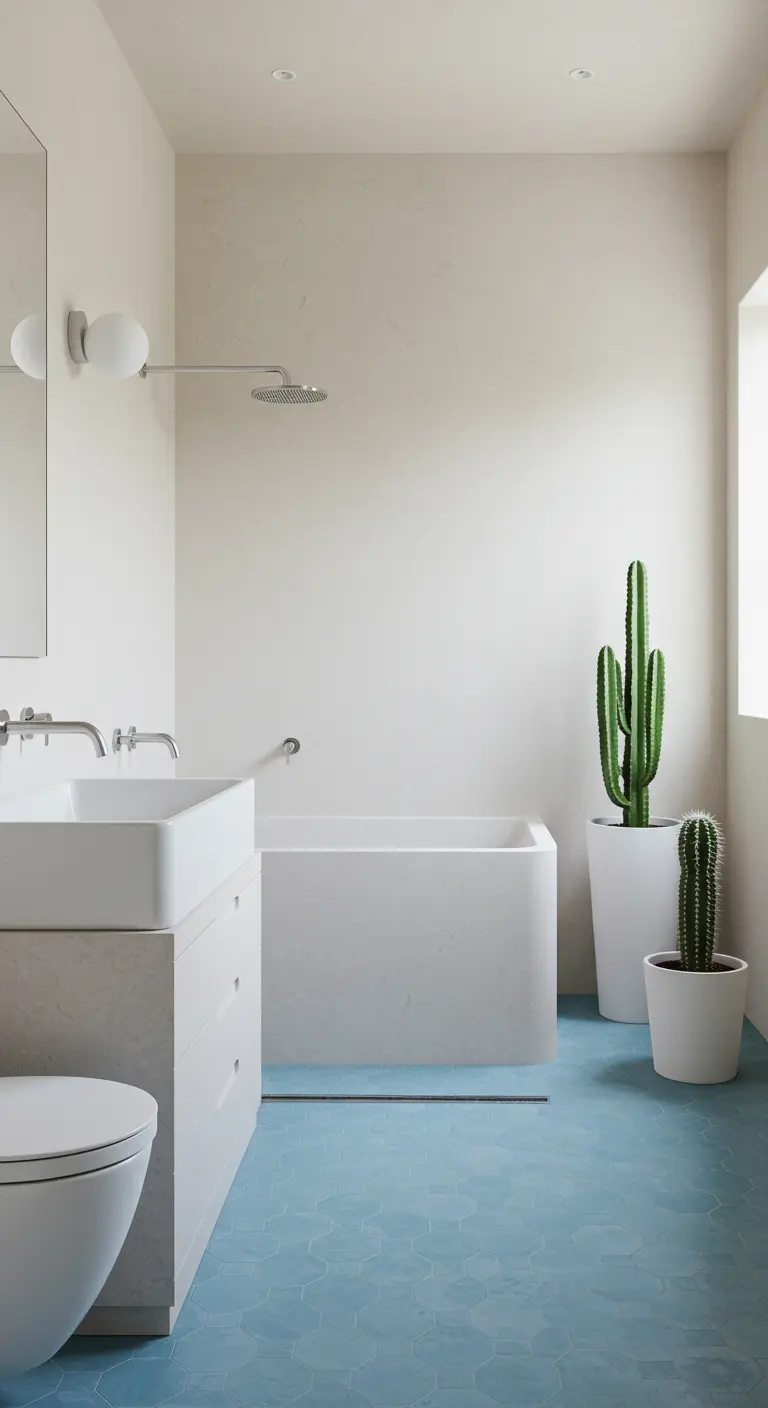 Baño minimalista con paredes blancas, suelo hexagonal azul y dos grandes cactus