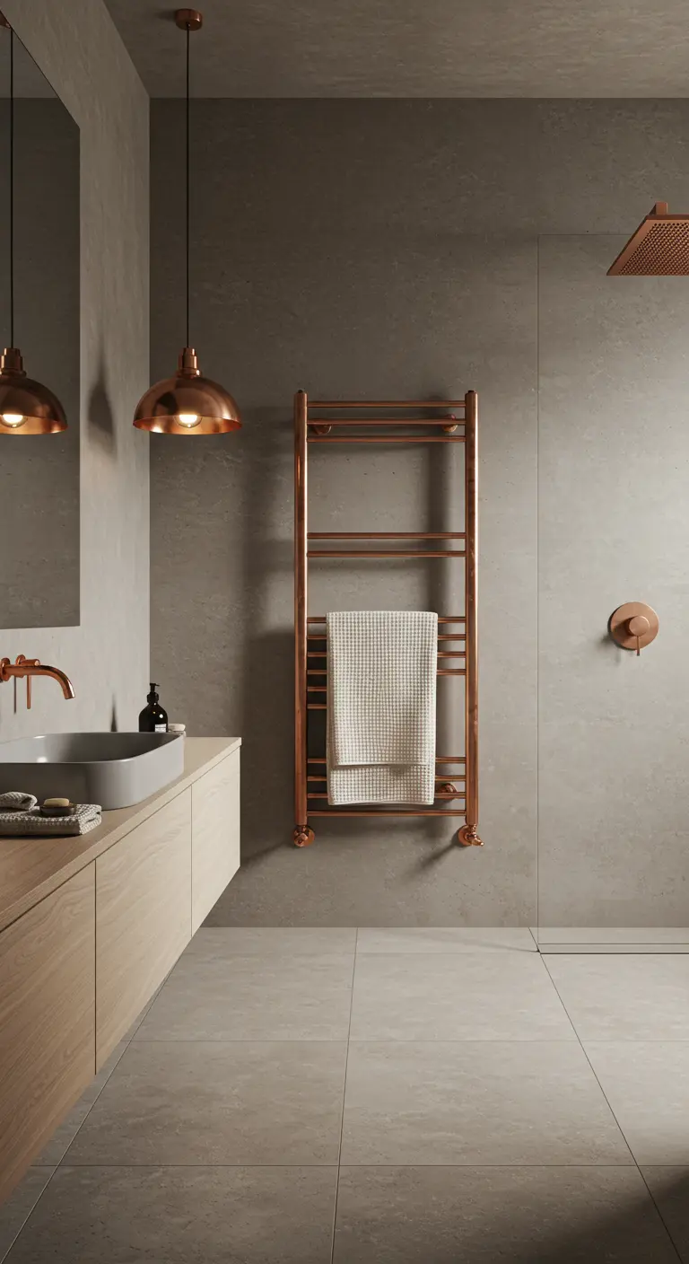 Baño contemporáneo con paredes de microcemento, lámparas colgantes y toallero de cobre.