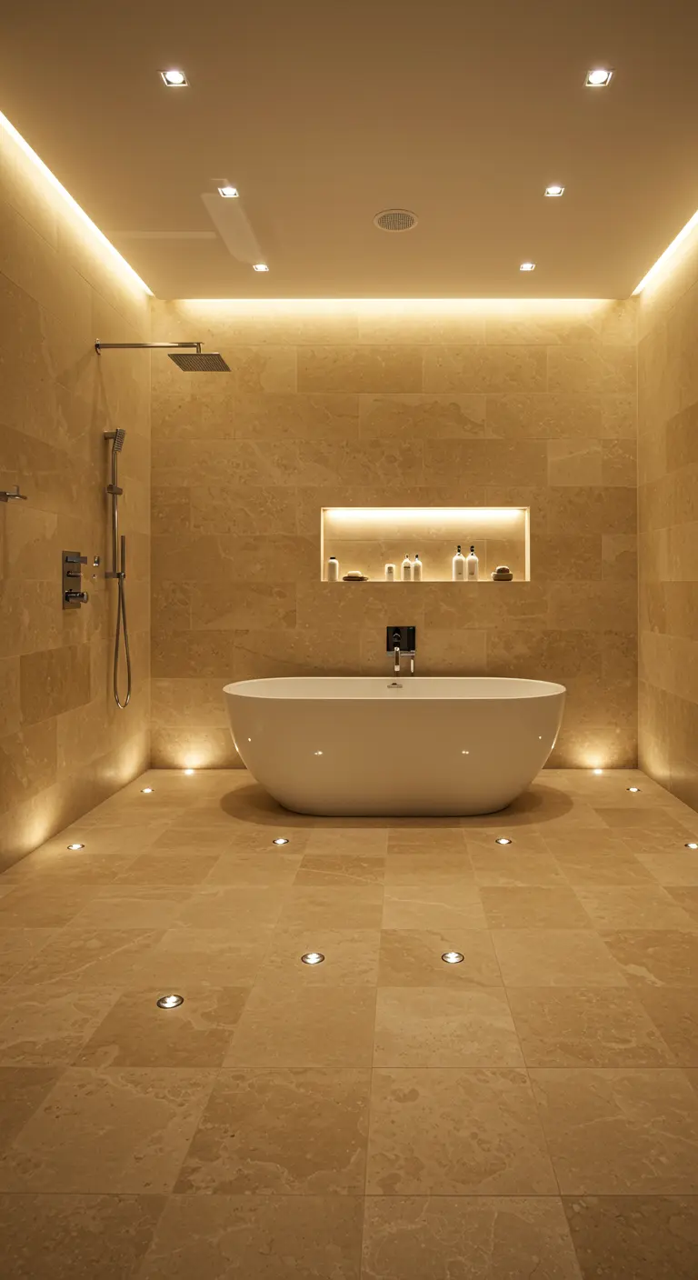Baño espacioso de mármol travertino con focos de luz cálida empotrados en el suelo y en un nicho.