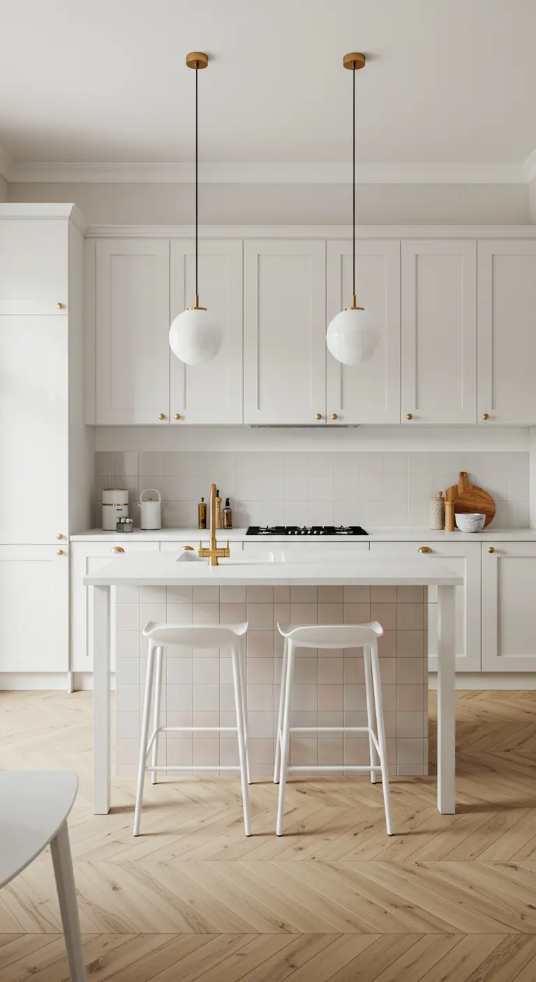 Cocina minimalista blanca con azulejos cuadrados blancos en el salpicadero y la isla.