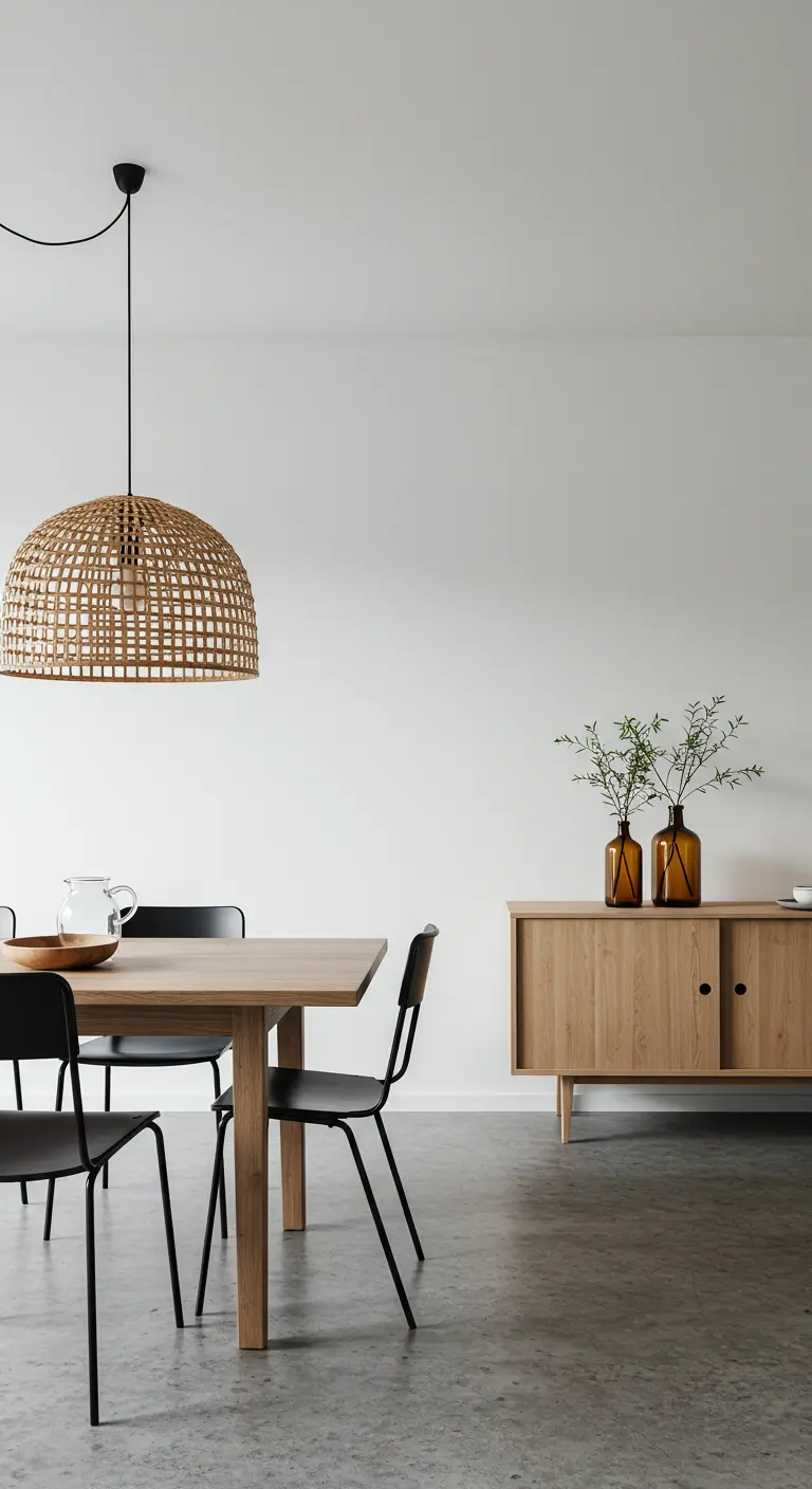 Comedor minimalista con lámpara de mimbre, sillas negras y mesa de madera clara.