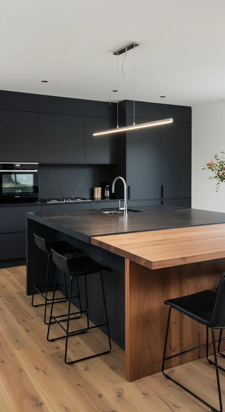 Cocina minimalista negra con una barra de desayuno de madera de nogal.