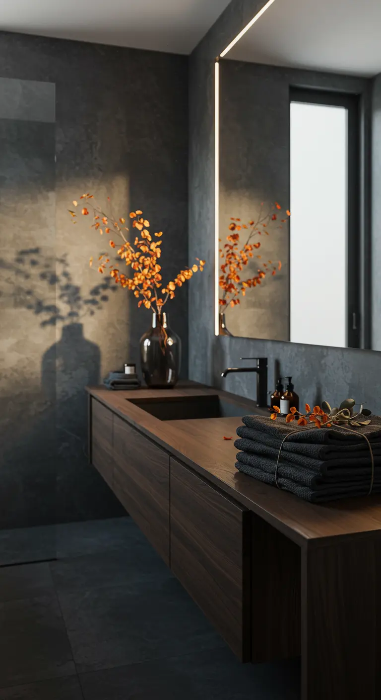 Baño moderno y oscuro con lavabo de madera flotante y un jarrón con ramas naranjas.