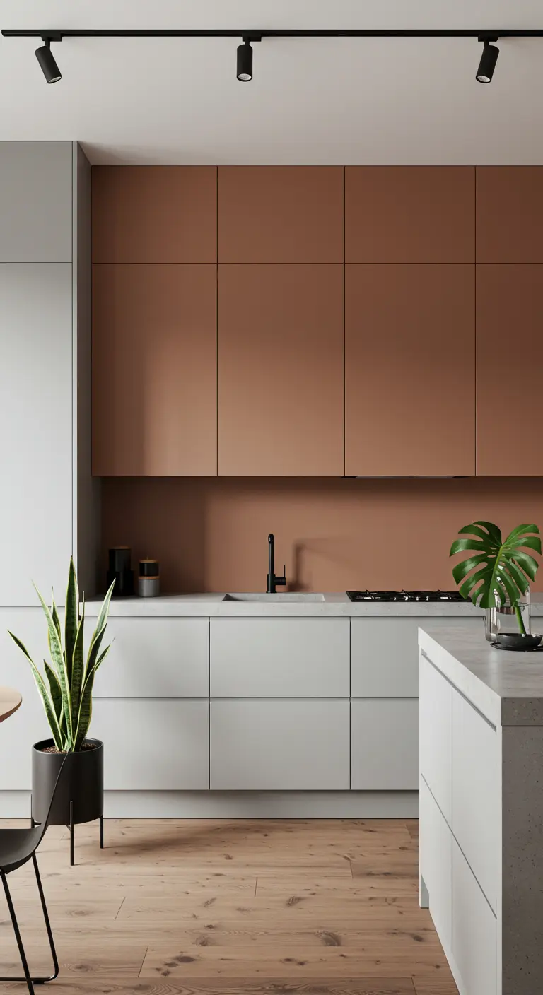 Cocina moderna con armarios superiores en terracota mate y armarios inferiores en gris claro.