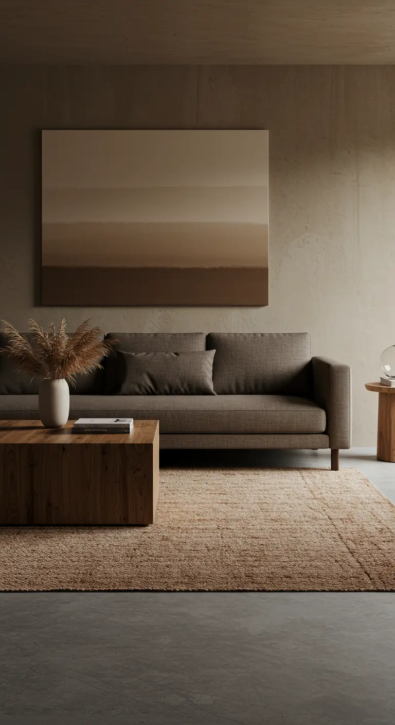 Sala minimalista con sofá marrón, mesa de centro de madera maciza y un gran cuadro abstracto.