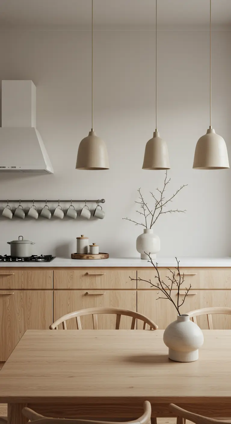 Cocina minimalista con muebles de madera clara y cerámica en tonos neutros.