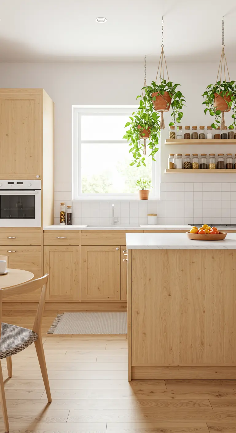 Cocina luminosa de madera clara con dos plantas colgantes sobre la isla y especias en estantes.