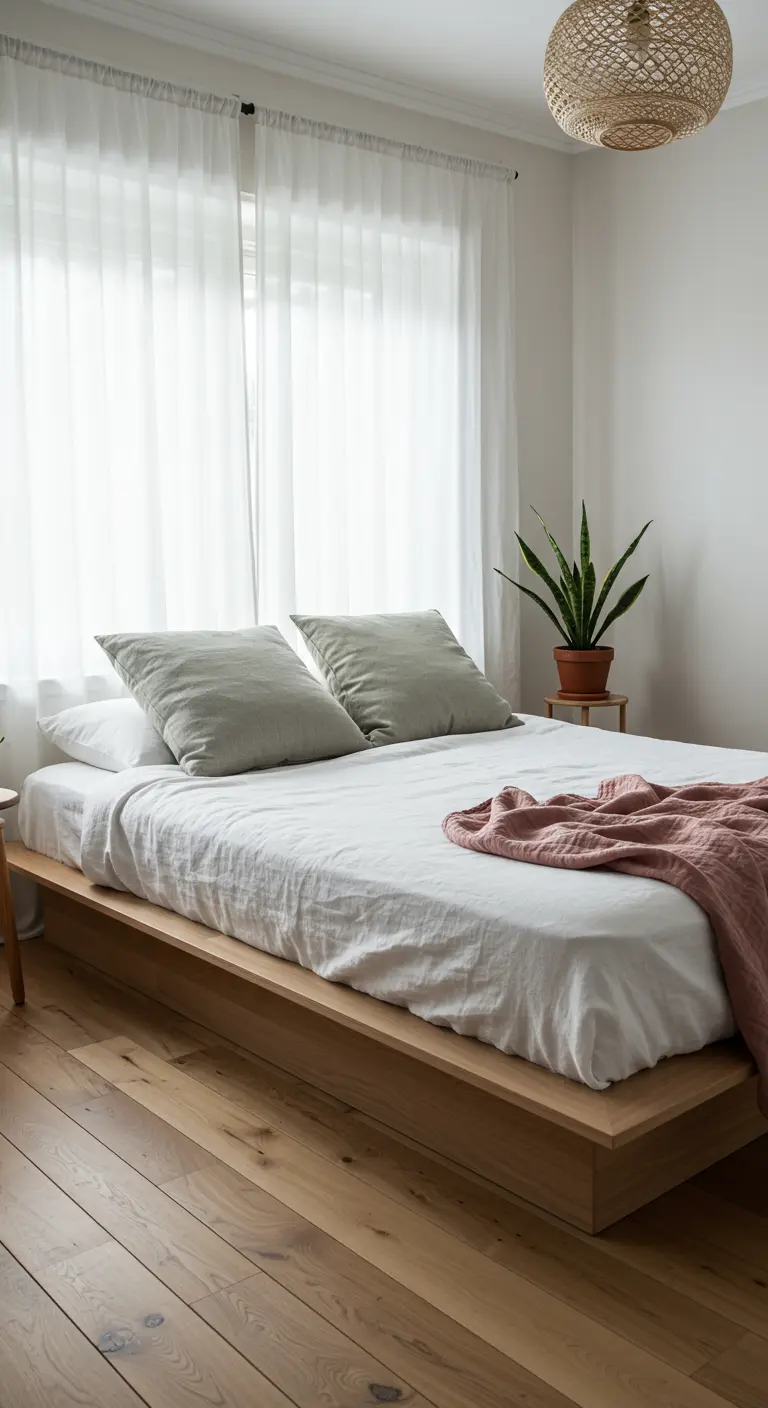 Dormitorio minimalista con cama de madera, sábanas blancas, cojines salvia y una manta rosa.