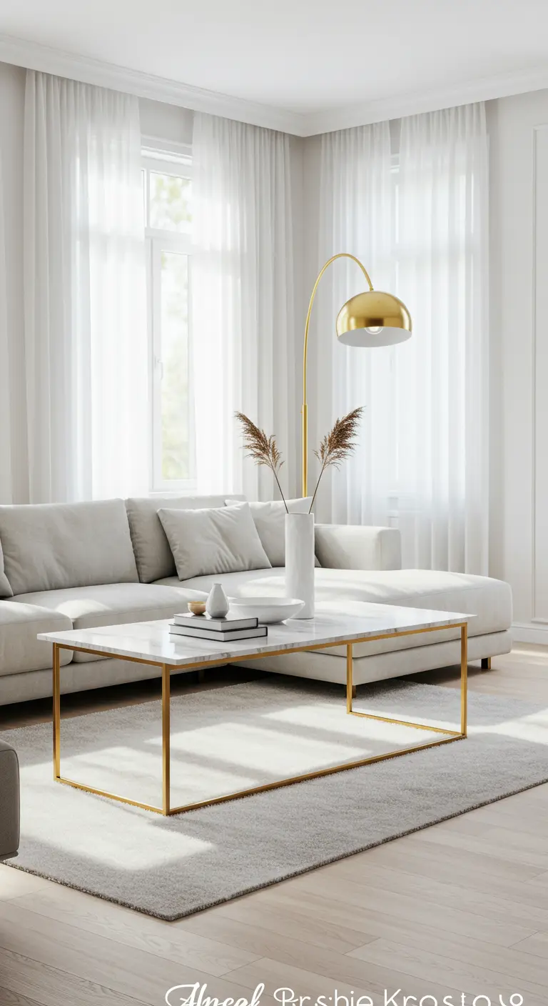 Sala de estar minimalista con sofá blanco, mesa de mármol y lámpara de arco dorada