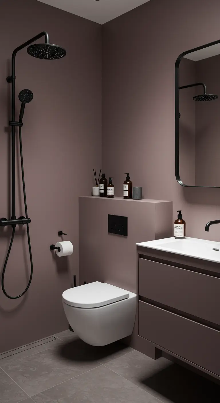 Baño minimalista con paredes y muebles en un tono morado topo y grifería negra
