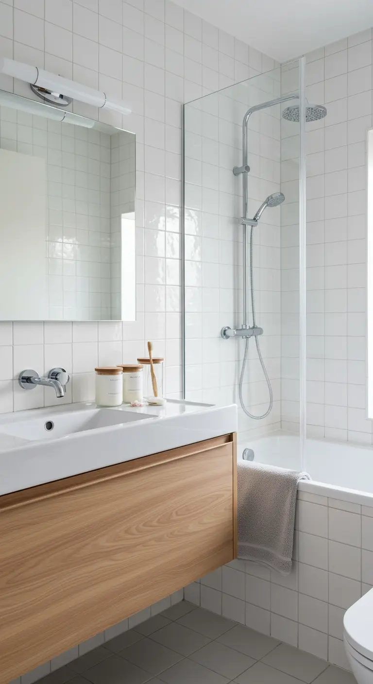Baño minimalista con lavabo blanco, mueble de madera y frascos con tapas de bambú.