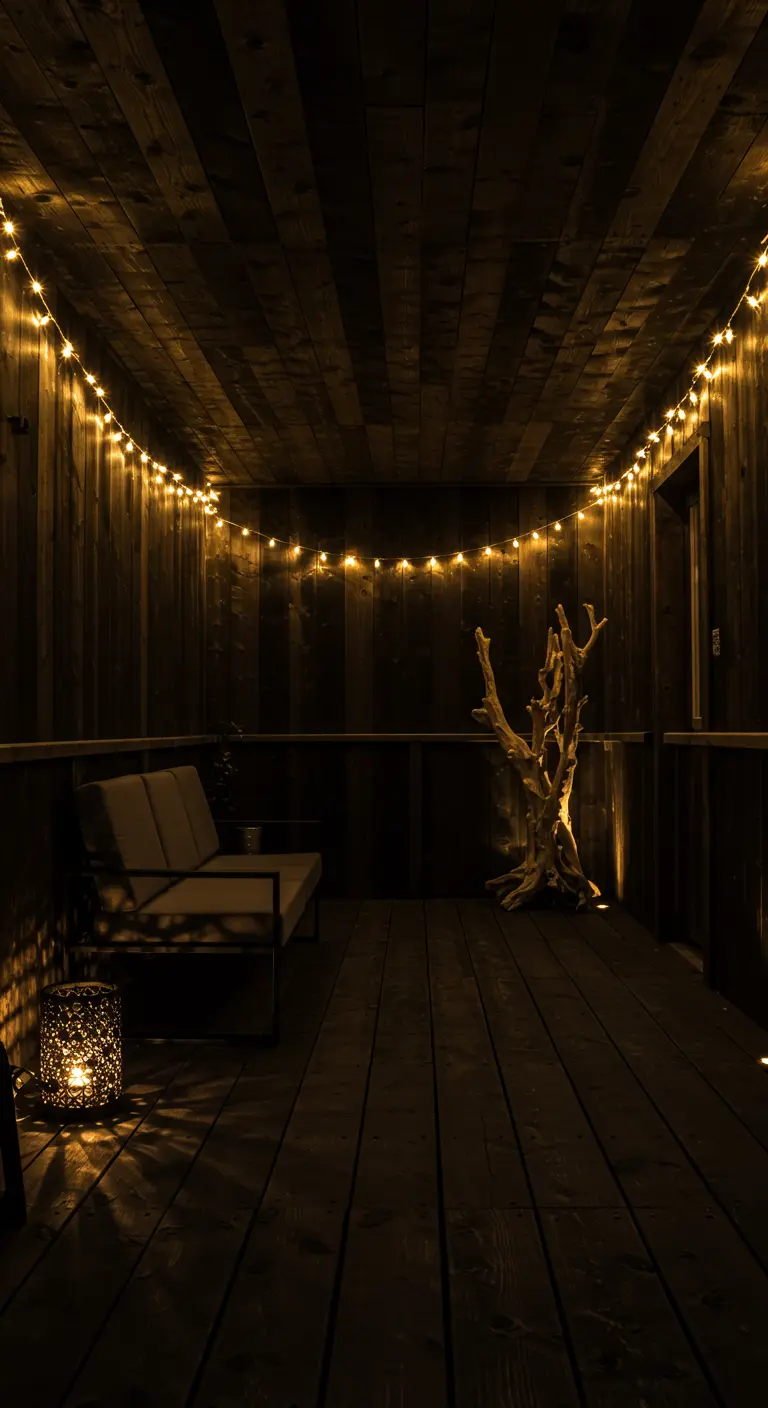 Balcón oscuro de madera con un sofá, una rama decorativa y una sutil guirnalda de luces cálidas