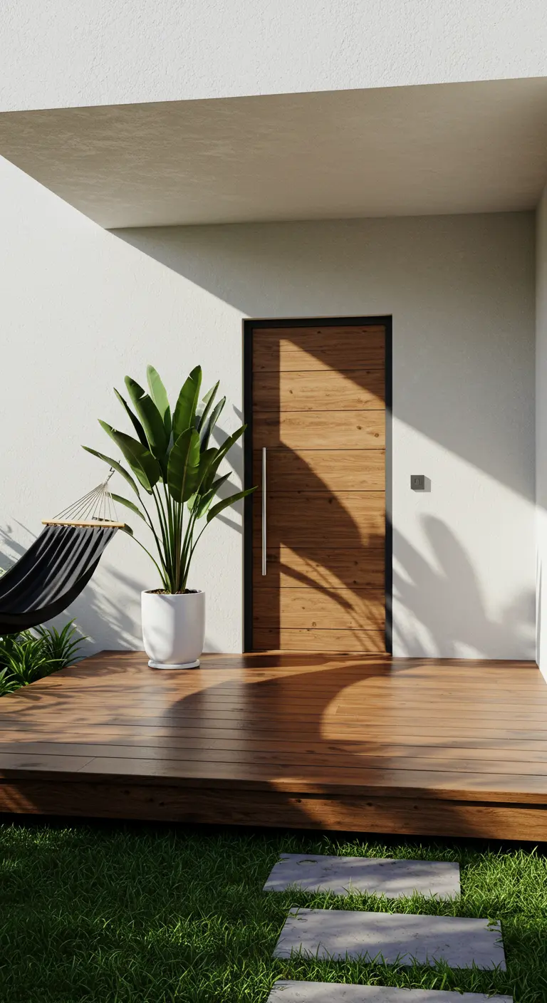 Porche minimalista con tarima de madera, una hamaca negra y una gran planta en maceta blanca.