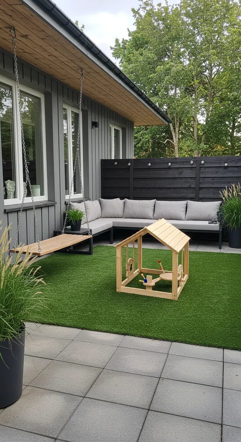 Patio de estilo minimalista con sofá esquinero gris, columpio de madera colgante y césped artificial.