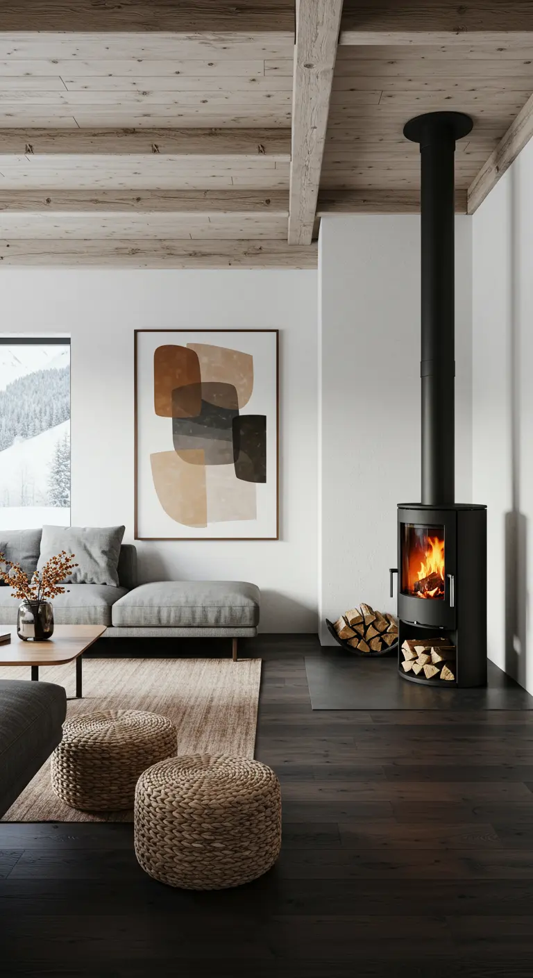 Salón minimalista con estufa de leña moderna, sofá gris y una obra de arte abstracto.
