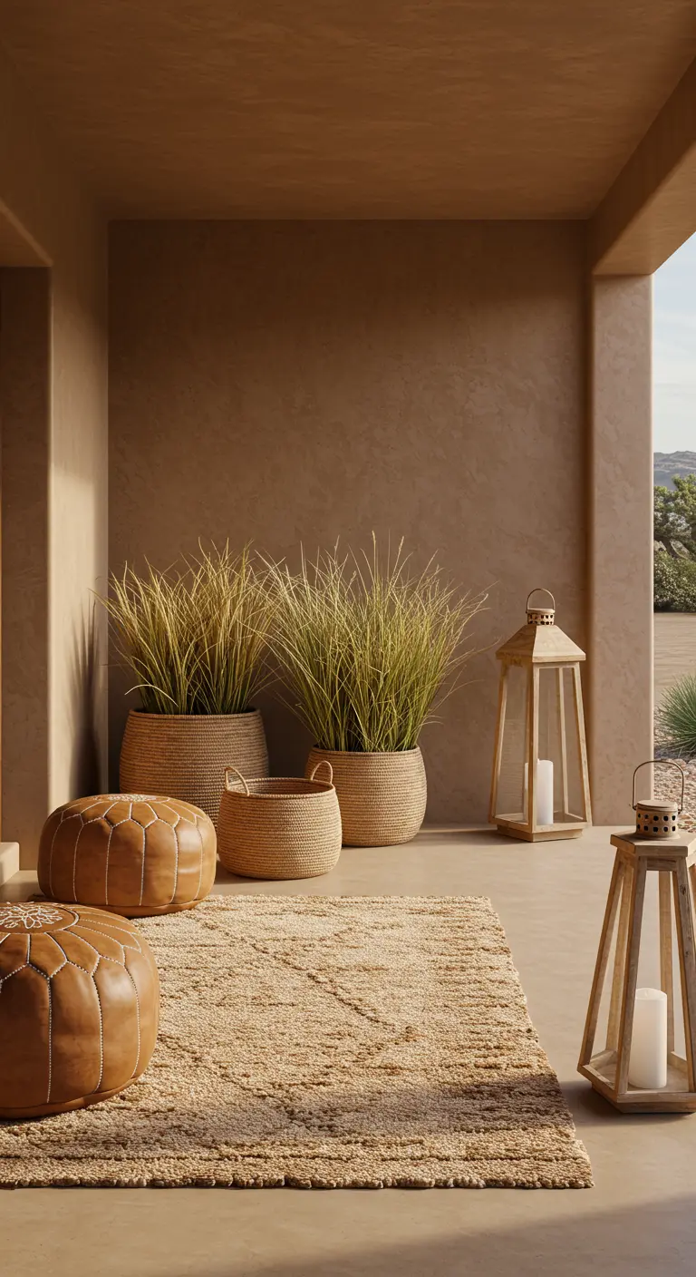 Espacio exterior minimalista con pufs de cuero, cestas de mimbre, alfombra de yute y faroles de madera