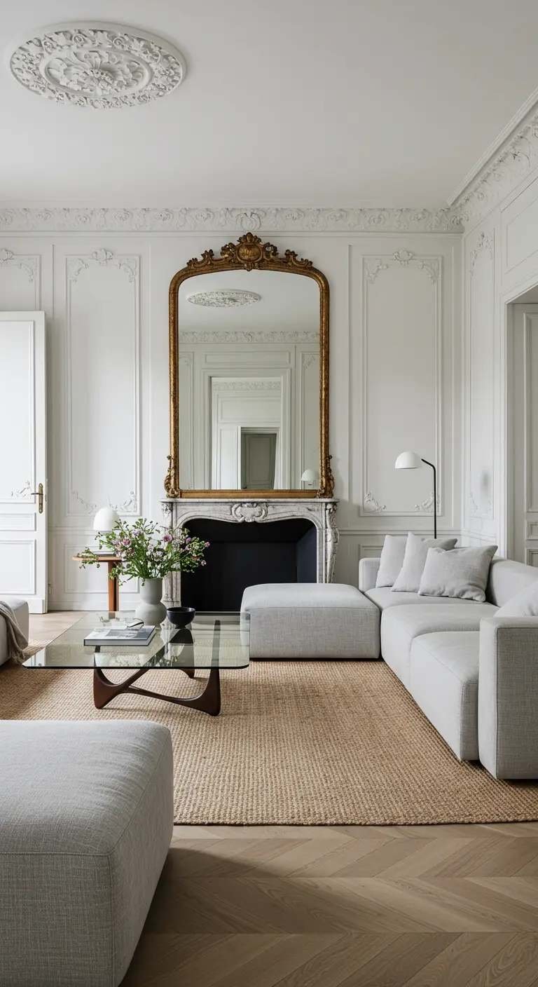 Sala minimalista con sofá seccional gris, alfombra de yute y una mesa de centro de cristal.
