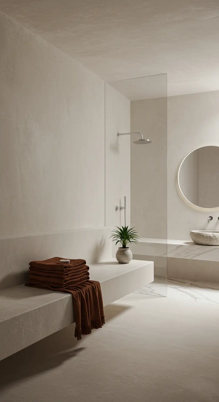 Baño minimalista de microcemento blanco con un banco de obra y toallas marrones