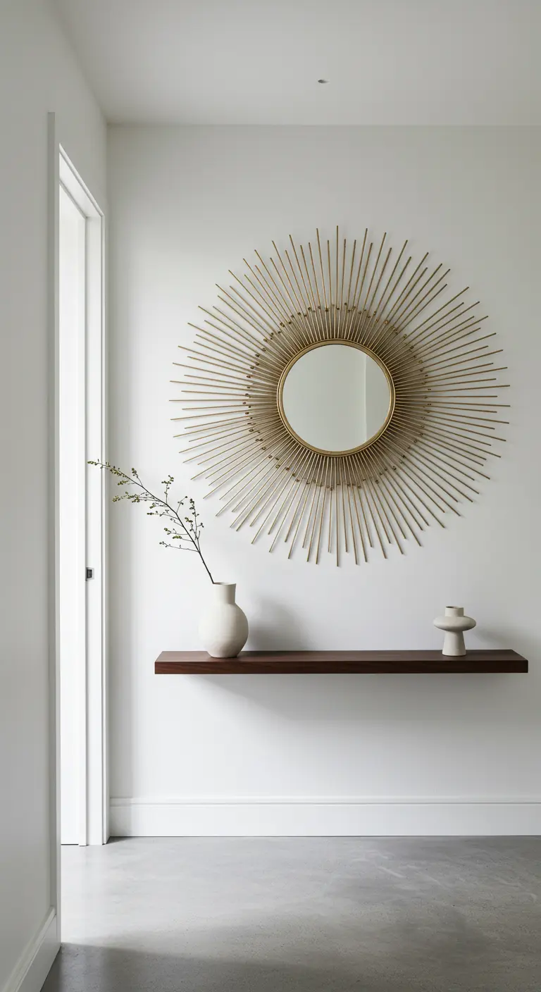 Pared blanca con un delicado espejo de sol dorado sobre una balda flotante de madera oscura.