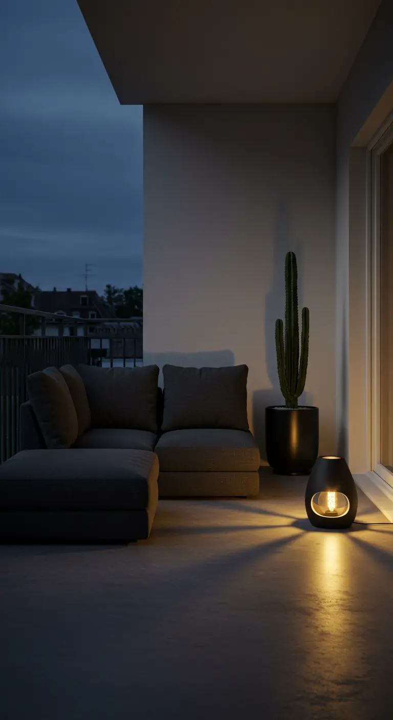 Balcón minimalista con un sofá modular gris oscuro, un cactus y una lámpara de diseño en el suelo.