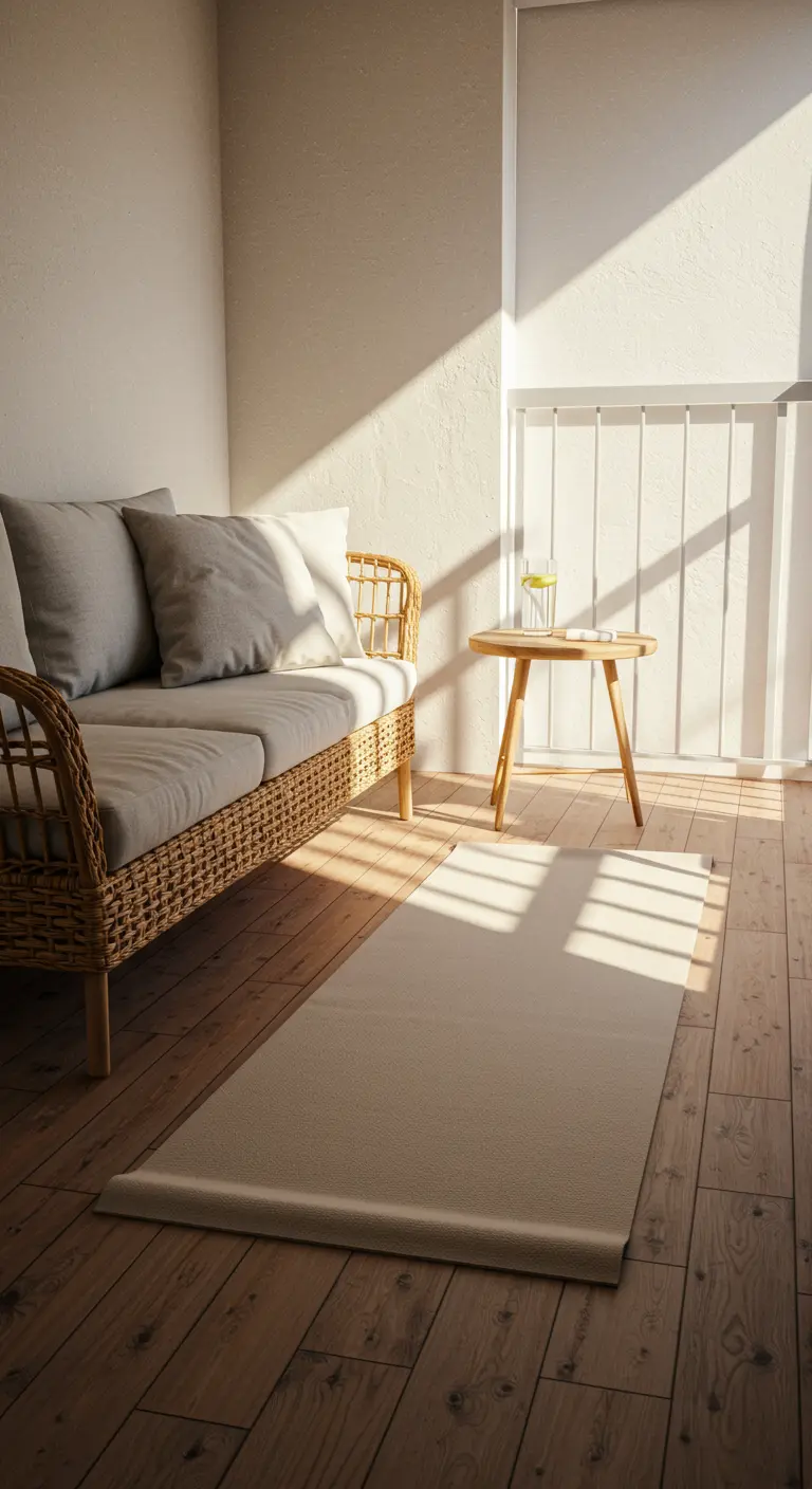 Balcón minimalista con sofá de ratán, suelo de madera y mucha luz natural.
