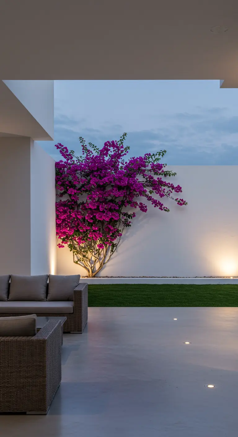 Patio minimalista de noche con una buganvilla iluminada desde abajo contra una pared blanca.