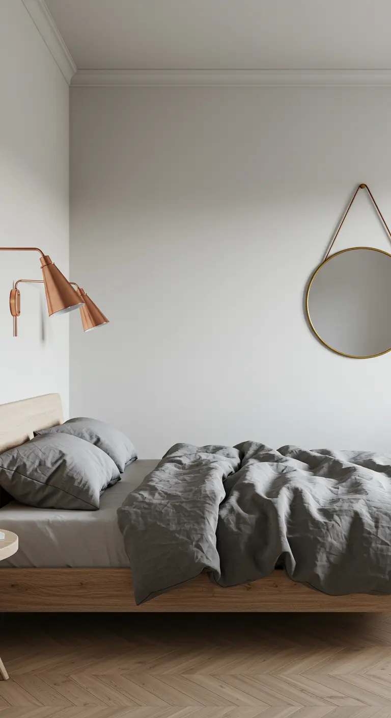 Dormitorio minimalista con lámpara de pared de cobre y espejo con marco de latón.