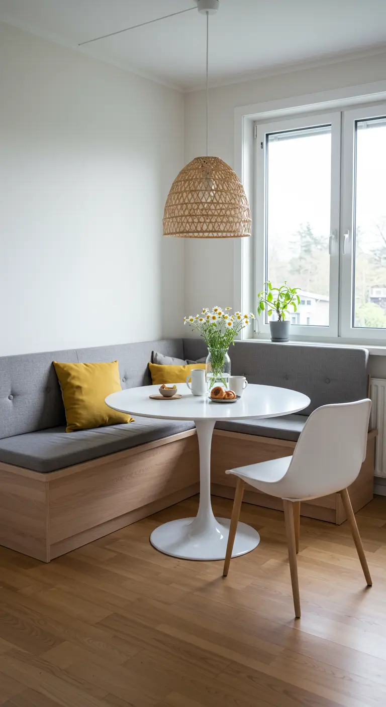 Comedor esquinero escandinavo con banco de madera, cojines grises y amarillos y lámpara de ratán.