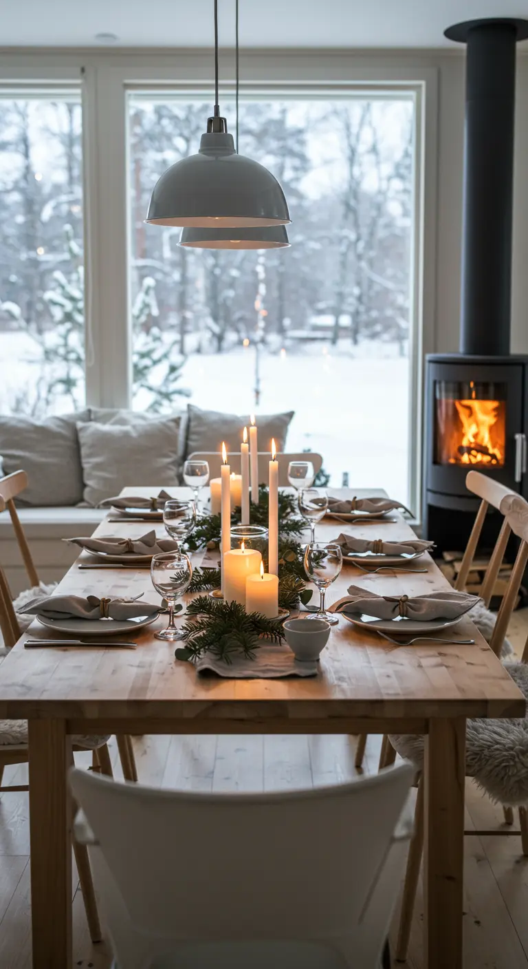 Mesa de comedor de estilo escandinavo con velas y ramas de pino frente a una ventana nevada.