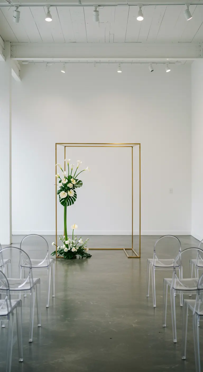 Arco de boda minimalista dorado y cuadrado con un arreglo floral asimétrico de calas blancas.