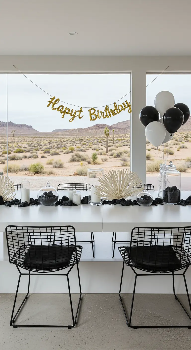 Mesa de cumpleaños minimalista en blanco y negro con vistas a un paisaje desértico.
