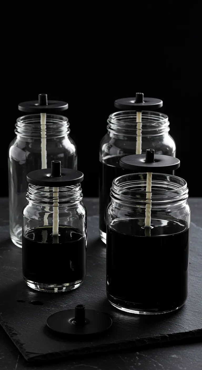 Lámparas de aceite de estilo minimalista en frascos de vidrio con aceite negro y tapas negras.