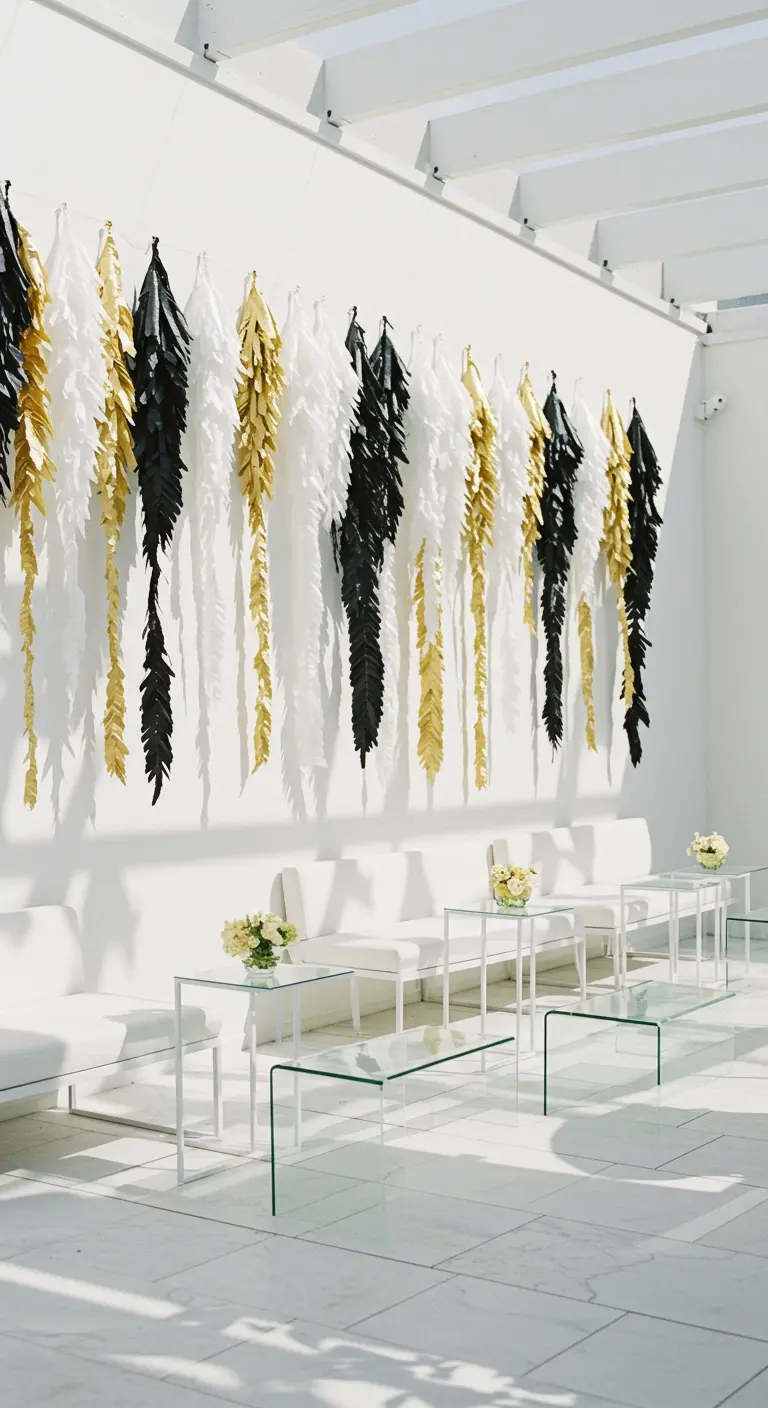 Pared blanca de un salón moderno decorada con guirnaldas de papel en negro, blanco y dorado.