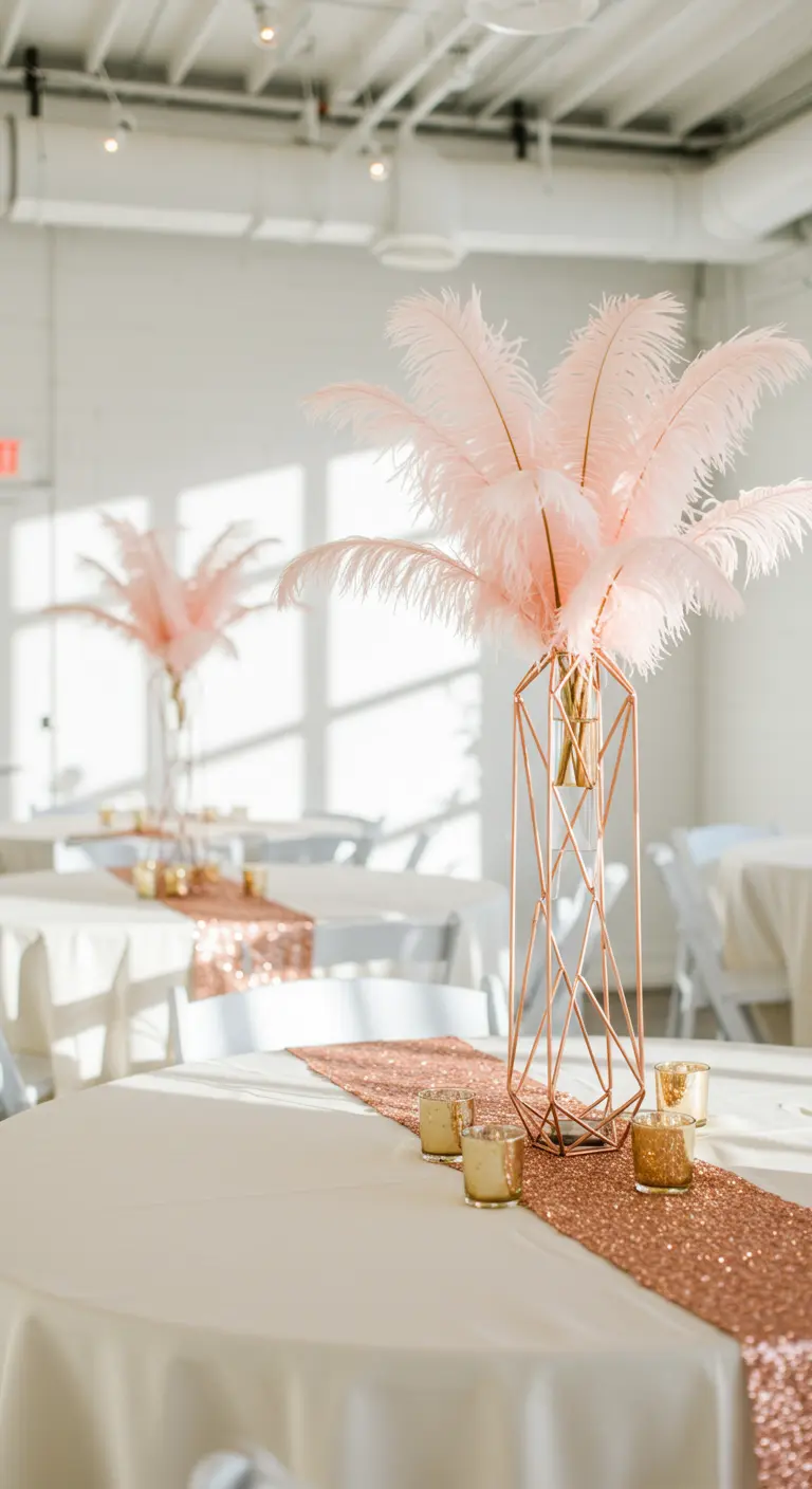 Centro de mesa minimalista con plumas rosas en un jarrón geométrico de cobre.