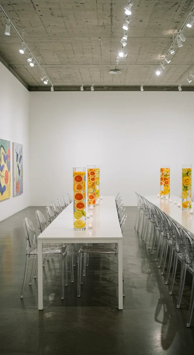 Mesa blanca minimalista con altos jarrones de cristal llenos de rodajas de cítricos y agua.